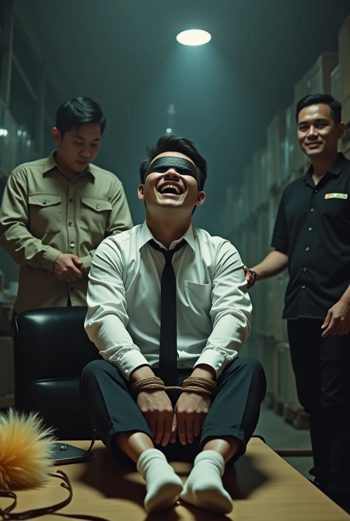 Malaysia malay handsome 25 years student
He laugh very hard
His hand tied up in warehouse
Blindfolded
Hand handcuff
Casual Outfit Black Tie
Focus feet on desk
feather duster on desk
Take off shoes on desk
White stinky sock
2 man holding feather duster