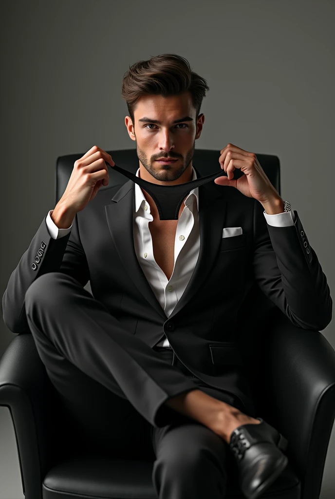 A young, attractive man in an elegant suit, exuding virility and dominance, sitting in a modern chair with his feet crossed. He has a confident and charismatic expression, well-groomed hair, and a captivating, predatory gaze, with a woman's underwear hanging playfully between his teeth. The lighting highlights his face and suit, creating a sophisticated and powerful atmosphere