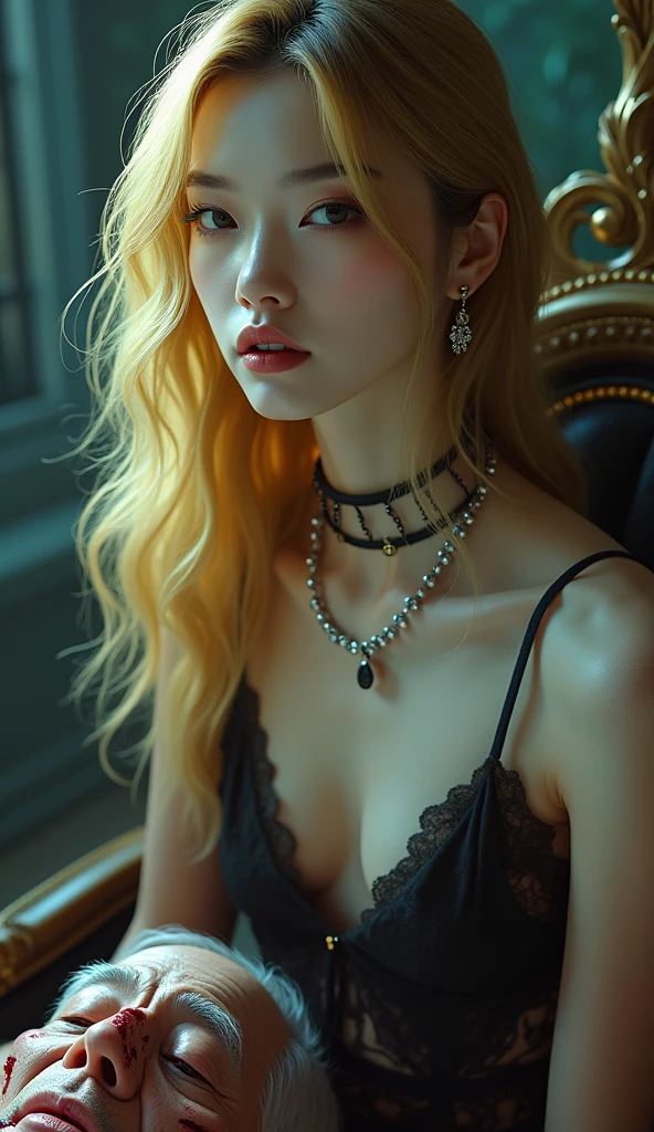 (((photorealistic:1.4))), ultra realistic, pores, (((masterpiece))),high quality, ultra details, realistic white skin beautiful face pretty korean idol girl showing very long sharp black shiny fingernails, random expression, model pose, very pretty, vein on hands, wearing sexy bloody outfit, ring on fingers, long yellow hair, long earrings, big necklace, sitting on the throne with high heels stepping on tired expression of realistic ugly old man tied up on the floor with throat ripped, show organs, get burned, no hands and legs, hose on the body, scratch mark, blood splatter everywhere, no hands and legs, extreme gore, looking at camera, night, luxury throne, modern kingdom, high key, bright, vagina smothering, people arround