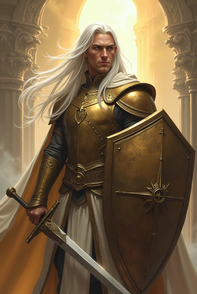 a holy looking male half elf paladin (Dungeons & Dragons), holding a sword and shield, white silver hair, wearing a helmet, holy scenery, no cape