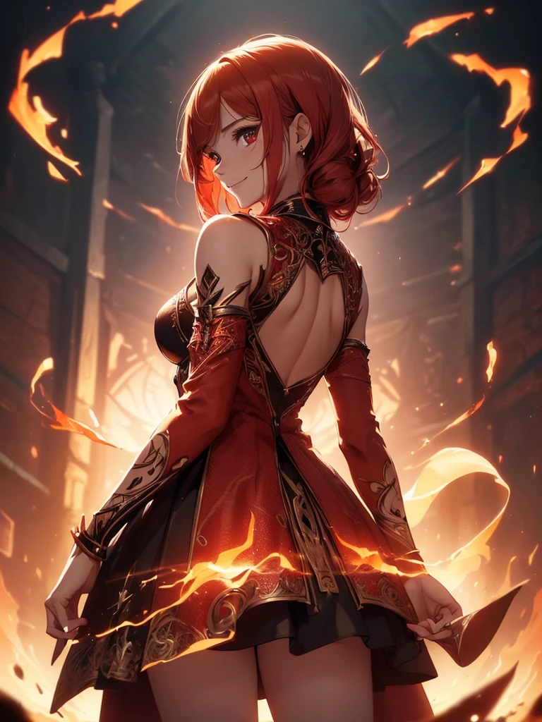 (((best quality, sharp image, clear image, cinematic lighting, 8k resolution, masterpiece, ultra detailed, intricate))) Girl, sorcerer, cute, intricate dress, smiling, fiery red, ((intricate background)), (rune frame), dimension, ((shot from behind)), fire sigils, chaotic background.