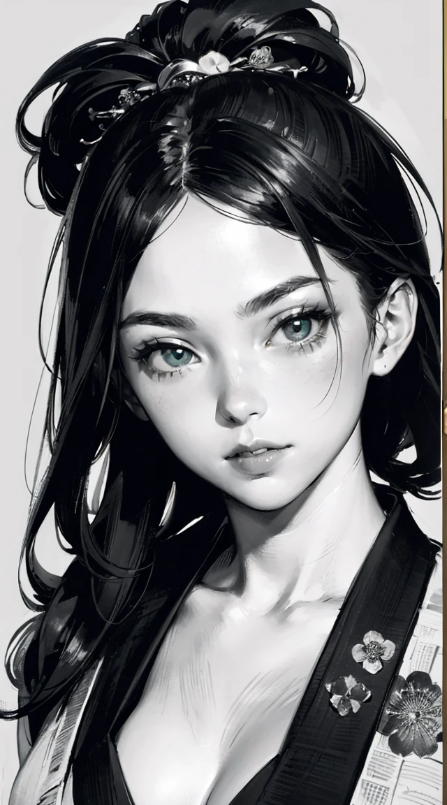 1 boyish girl, solo, sharp eyes, monochrome, greyscale, short black hair, portrait, T-shirt, closed mouth, looking at viewer, graphite \(medium\), detailed lips, hatching \(texture\), without makeup, bangs, upper body, (best illustration), (best quality), (very detailed), (masterpiece), expressionless,