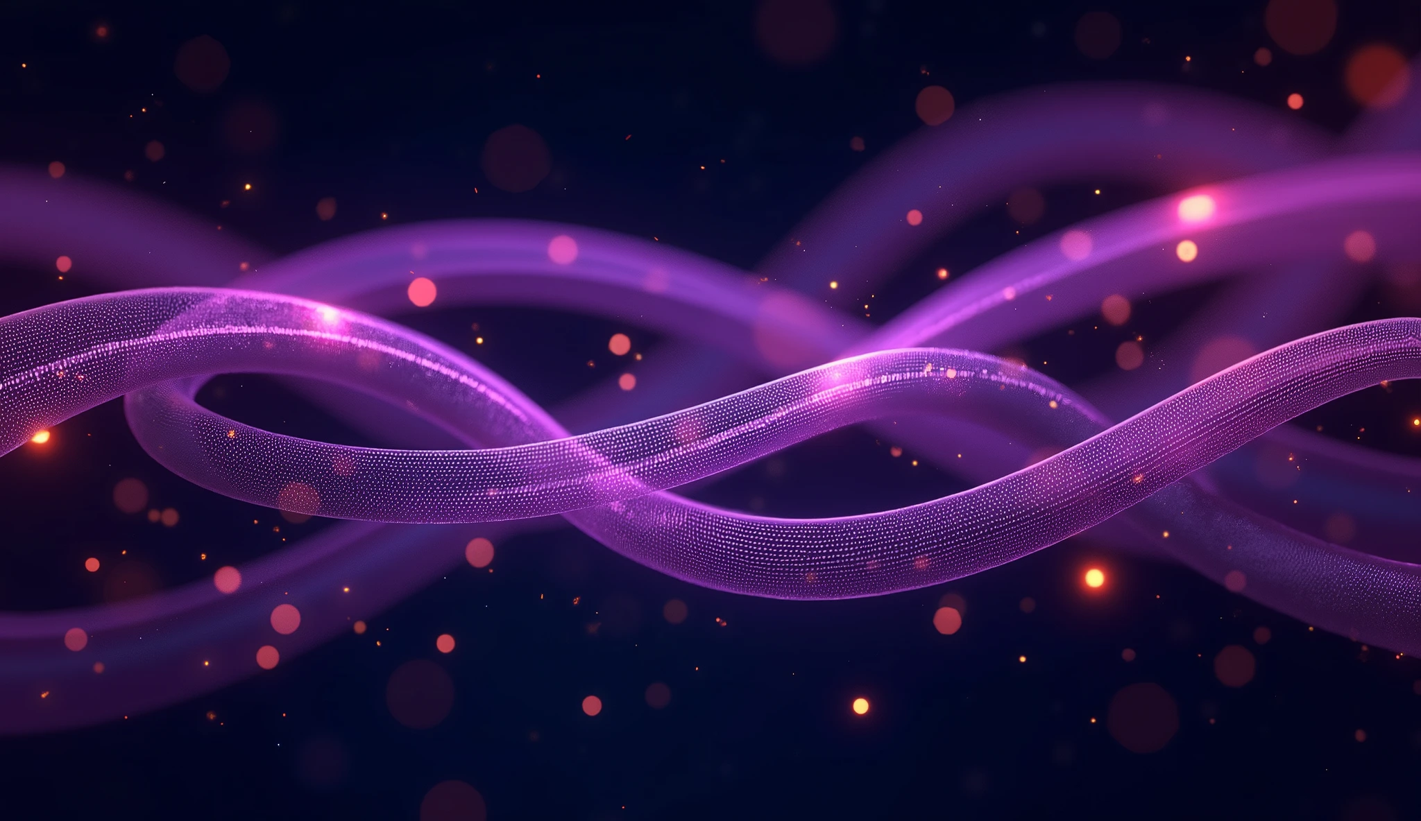 Creates an image that resembles a connection between fiber optic internet cables and has purple colors, black background and be very modern. I want very little gold and blue. Make it like a fiber optic path in the middle of outer space, something that looks really interesting on the hero of a web developer's website. Make everything elegant, with a discreet style . I want more than one thread, with an artistic arrangement of threads