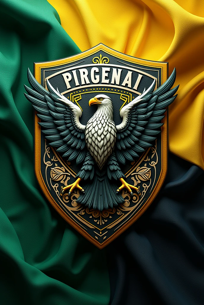 An image of a football team shield on it must have the word “sinister union” written in Portuguese,and the color of the shield is green, black, white and yellow around,and with an eagle