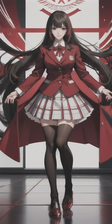 Yumeko Jabami from Kakegurui anime, red eyes, detailed school uniform with red coat, white shirt, gray plaid skirt, black tights and brown shoes, playing cards flying around, photorealistic, highly detailed, 8k, intricate, vibrant colors, dramatic lighting, dynamic composition