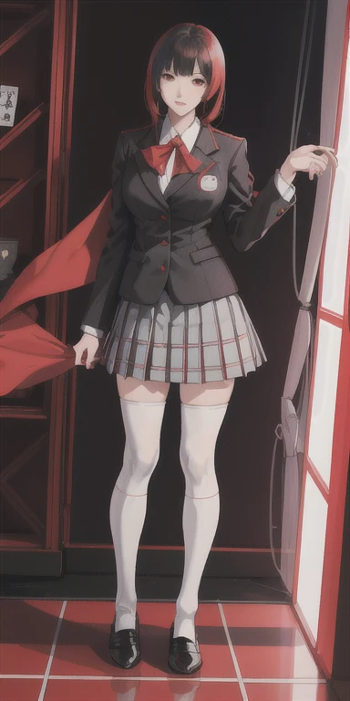 Yumeko Jabami from Kakegurui anime, red eyes, detailed school uniform with red coat, white shirt, gray plaid skirt, black tights and brown shoes, playing cards flying around, photorealistic, highly detailed, 8k, intricate, vibrant colors, dramatic lighting, dynamic composition