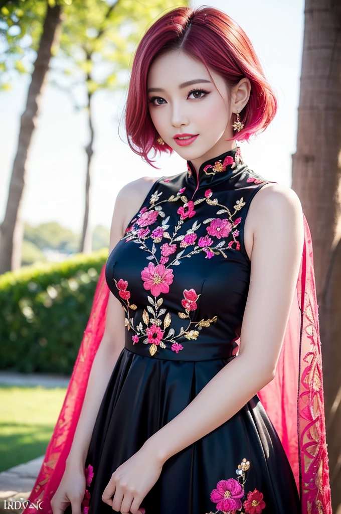 (masterpiece:1.4), (best quality:1.4), ultra high res, ultra high resolution, ((detailed facial features)), HDR, (realistic, photorealistic, photo-realistic:1.37), full body Esbian, sexy Vietnamese model, (-anime), vivid colors, ((vivid colors multicolor (red, pink) very short hair)), (happy smile), lip-gloss, long lashes, ultra detailed metallic makeup, defined eyebrows, wearing large sparkling colorful jewelery, wearing a red silk Paradise Kiss cosplay dress with black floral embroidery, ((vivid colors outfit)), vivid colors, look at the camera, cinematic light, large park background with trees, sweet and sexy pose