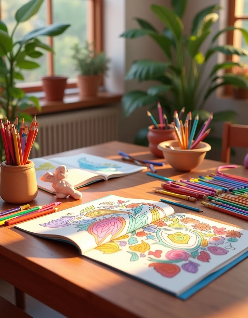 table full of colors and a couple of open coloring books in a relax ambient