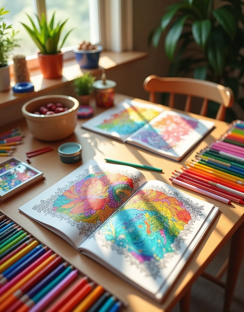 table full of colors and a couple of open coloring books in a relax ambient