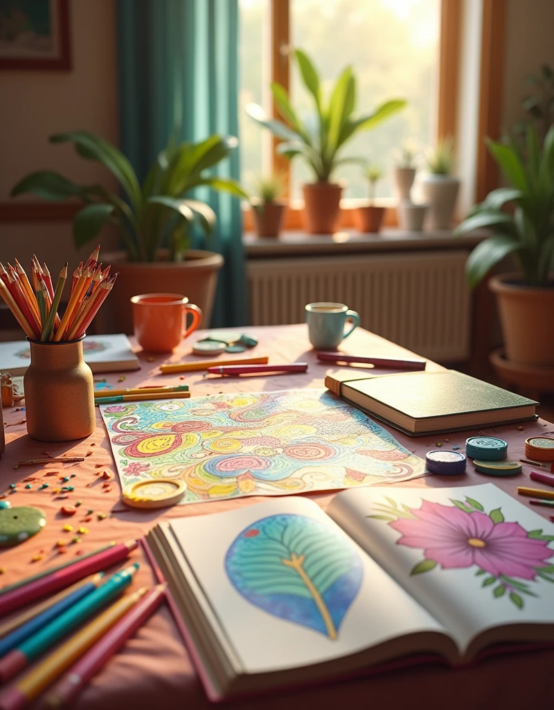 table full of colors and a couple of open coloring books in a relax ambient