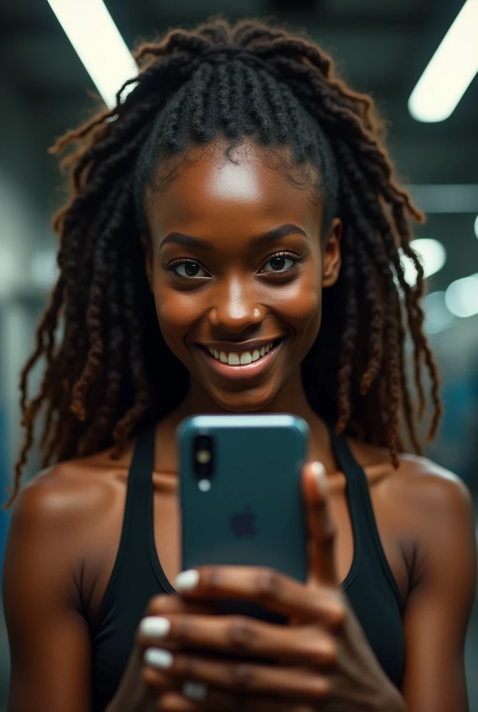 a girl with a mobile phone on her hands, taking a selfie photo in front of a mirror at the gym. must to show the girl and the mobile phone on her hand. Girl detail: masterpiexe, beautiful girl, A detailed eye, puffy eyes, top-quality, hight resolution (realisticity: 1.4), cinematic lighting, african beuty woman, super beuty, beautiful skin, a slplender, (a hyper-realistic), (hight resolution), (8k), (highly detailed), (beautifully detailed eyes), (ultra-derailliet), (natural smile), detailed face, bright lighting, profetional lighting, , hair messy, dreadlock heair, brown hair, age 28, tall, yoga girl, mistic face