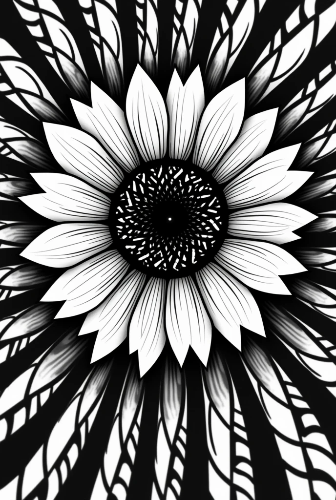 Create an abstract design for a bandana, that it is in black and white and the theme is sunflower