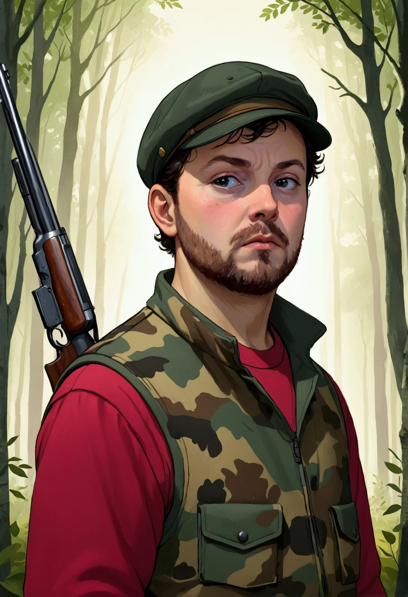 A middle-aged hunter, With a serious and focused expression, is holding a shotgun in one hand. He wears camouflage clothing suitable for hunting., with a hat or cap, and a hunting vest with pockets. The hunter is in a dense forest, surrounded by tall trees and bushes, with fallen leaves on the ground. The scenery is bleak, maybe at dawn or dusk, with the soft light filtering through the trees, creating dramatic shadows around the hunter. His posture is firm, transmitting determination and experience, as he watches something in the distance.