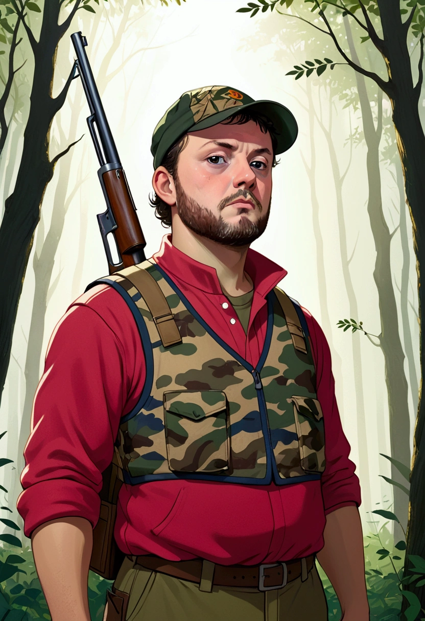 A middle-aged hunter, With a serious and focused expression, is holding a shotgun in one hand. He wears camouflage clothing suitable for hunting., with a hat or cap, and a hunting vest with pockets. The hunter is in a dense forest, surrounded by tall trees and bushes, with fallen leaves on the ground. The scenery is bleak, maybe at dawn or dusk, with the soft light filtering through the trees, creating dramatic shadows around the hunter. His posture is firm, transmitting determination and experience, as he watches something in the distance.