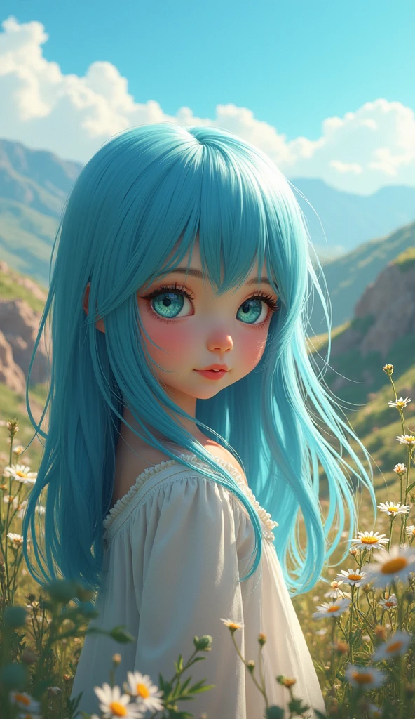 child in greece surrounded by beautiful landscapes, surrounded by long, straight blue hair, and expressive eyes of blue or green tones. His face has delicate features, almost feminine, and his skin is pale.