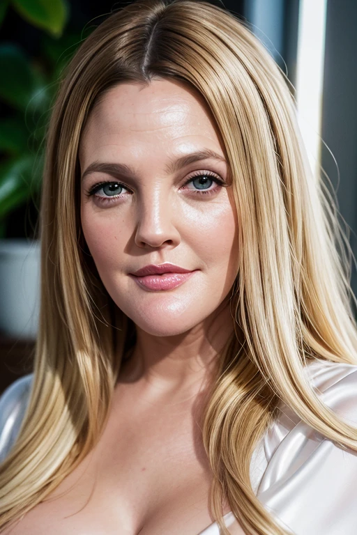 Close up head shot portrait,(best quality,4k,Alto:1.2),ultra-detalhado,Realistic, photo, professional, studio lighting, vivid colors, sharp focus, Physically-based rendering,HDR, extremely detailed eyes and face, beautiful detailed lips, long eyelashes,big massive breasts,(exposed cleavage shiny white satin shirt :1.3),pokie nipples, Actriz Drew Barrymore, woman 30 years old,dark blonde hair, Looking at the Viewer