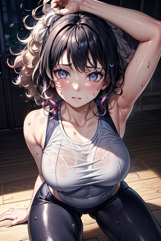 masterpiece, Highest quality, (Unreal Engine), reality, Super Resolution,  Very detailed, Complex, colorful, Clear images, Sharp focus, Digital Blending, 

Beautiful woman, Hyuuga Hinata, Big Breasts, Perfect Eyes, Beautiful Eyes, Perfect Face, Ultra detailed hair, Ultra detailed face, Very detailed lips, Vivid expression, Healthy Body, Beautifully detailed sweat glands, Smooth skin texture, Beautiful Skin, Carefully drawn,

((humidity:1.8), Sticky with sweat), (Wear a tight yoga suit, ,Hot Yoga, Sweat makes your yoga wear transparent, Sweat creates puddles on the floor), Dynamic pose, 

indoor, Hot Yogaジム, (Shot on Sony α9, Dynamic Angle), 

