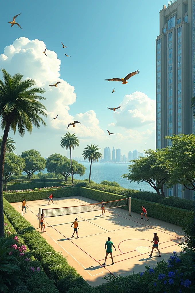 Create a volleyball court on top of a luxury building, In the surroundings of the building there are many green areas and many birds.