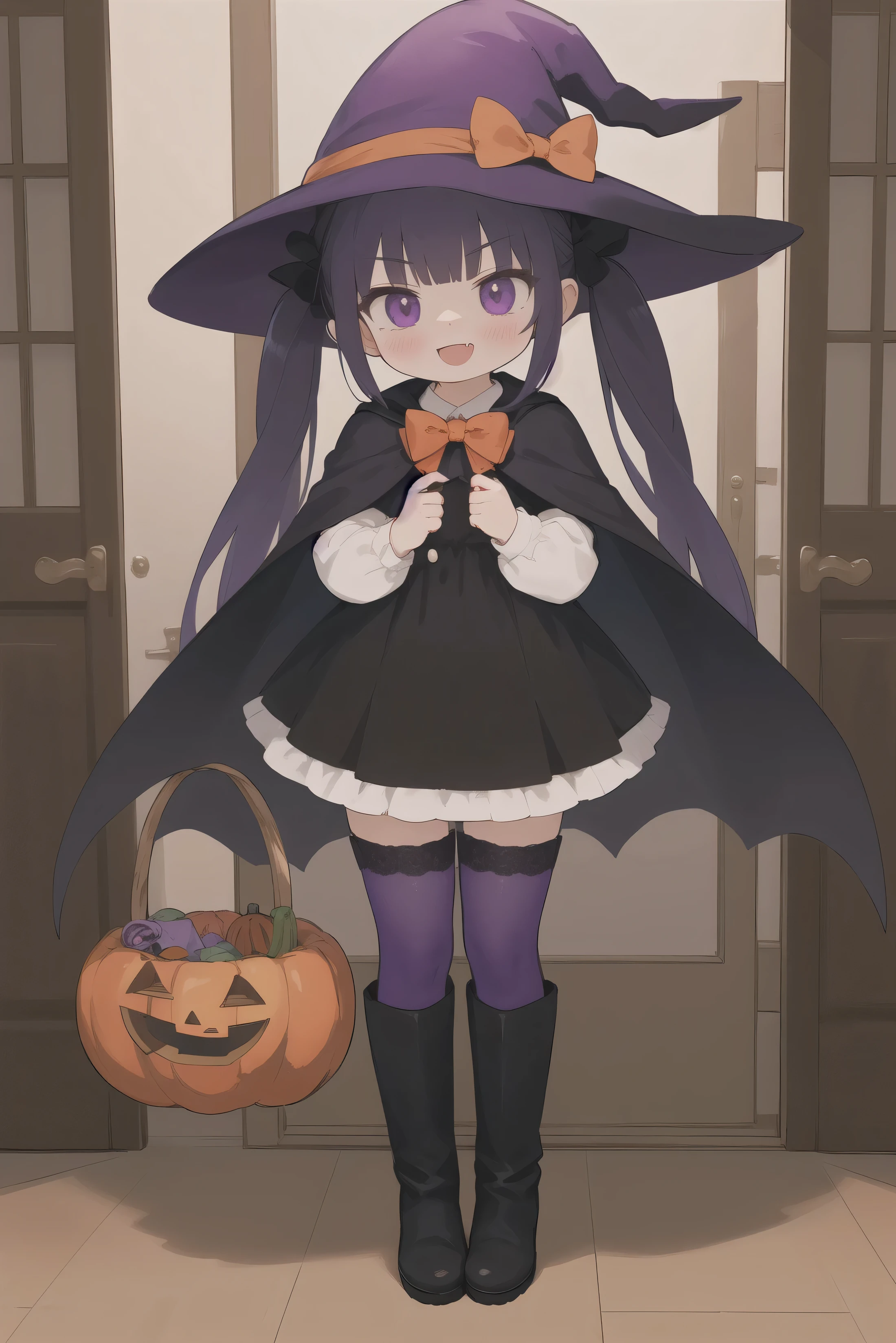 ultra detailed, masterpiece, best quality, 4k, HD, absurd, highly detailed) indoors,door,open door,halloween,halloween bucket,lollipop,sidelocks,1girl,solo,witch,kawaii,full body, purple eyes ,blush,nose blush,open mouth,^^^,wavy mouth,(evil smile:1.3),fang,embarrassed,v-shaped eyebrows, dark purple hair,bangs,o_o,long hair, twintails hair, standing,hand between legs,holding basket, trick or treat, hat,witch hat,halloween costume,dress,black dress,short dress,bowtie,red bowtie,bow,red bow,black headwear,stocking,black stocking,boots,knee boots,black footwear,long sleeves,capelet,cape,red capelett
