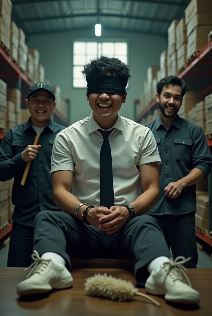 Malaysia malay handsome 25 years student
He laugh very hard
His hand tied up in warehouse
Blindfolded
Hand handcuff
Casual Outfit Black Tie
Focus feet on desk
feather duster on desk
Take off shoes on desk
White stinky sock
2 man holding feather duster