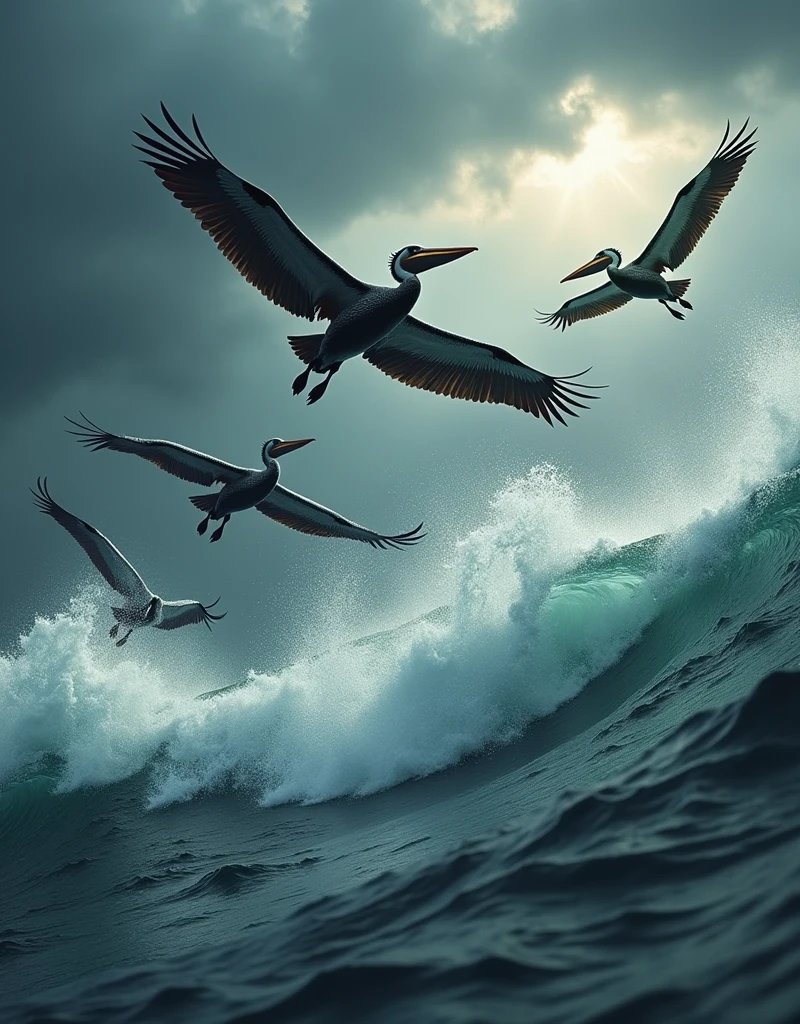 a flock of  pelicans  diving into a turbulent sea, dynamic action shot, wild nature photography, dramatic lighting, stormy ocean waves crashing, dramatic sky, moody colors, cinematic composition, dramatic pose, extreme detail, photorealistic, 8k, best quality, masterpiece