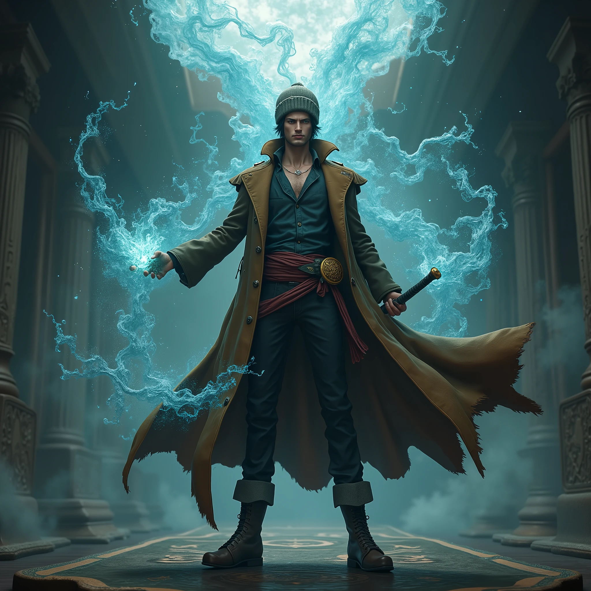 a highly detailed and realistic 3D render of trafalgar law from one piece wearing a knit hat, long coat, and carrying a long sword, using magic to manipulate the room around him, octane render, photorealistic, surreal, 8k, masterpiece, extremely precise, hyper-detailed skin, hyper-realism, extremely detailed