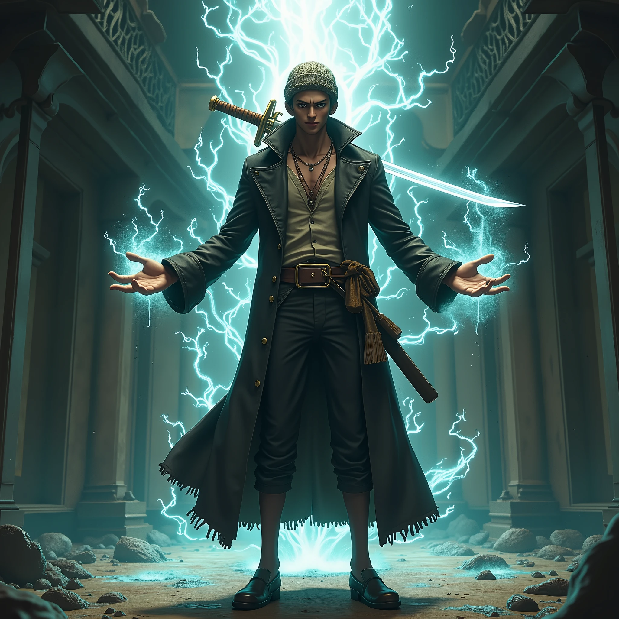 a highly detailed and realistic 3D render of trafalgar law from one piece wearing a knit hat, long coat, and carrying a long sword, using magic to manipulate the room around him, octane render, photorealistic, surreal, 8k, masterpiece, extremely precise, hyper-detailed skin, hyper-realism, extremely detailed