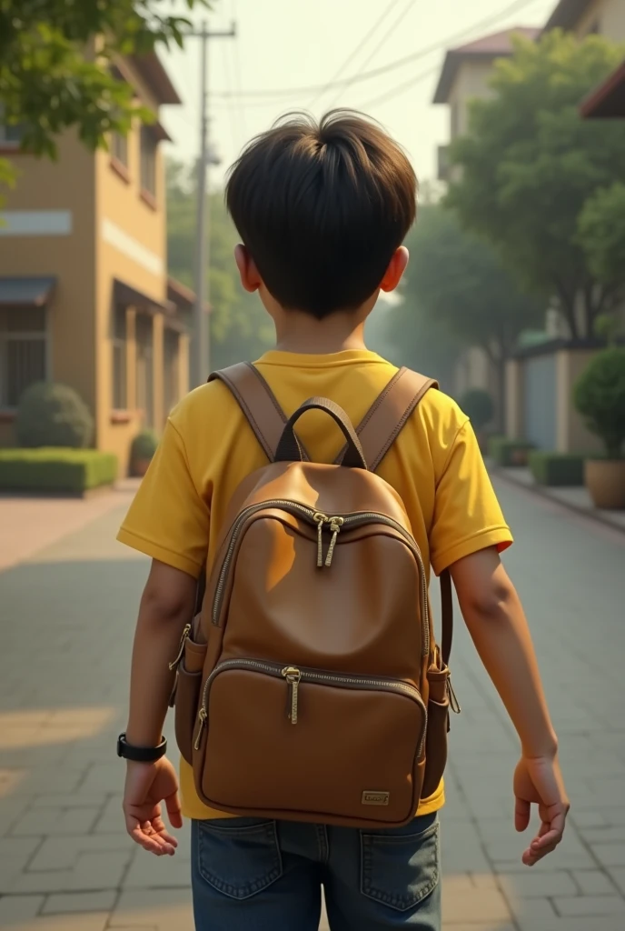 (photorealism:1.2), Wearing Yellow Colour T Shirt And School Bag With School Boy Back Side Image
