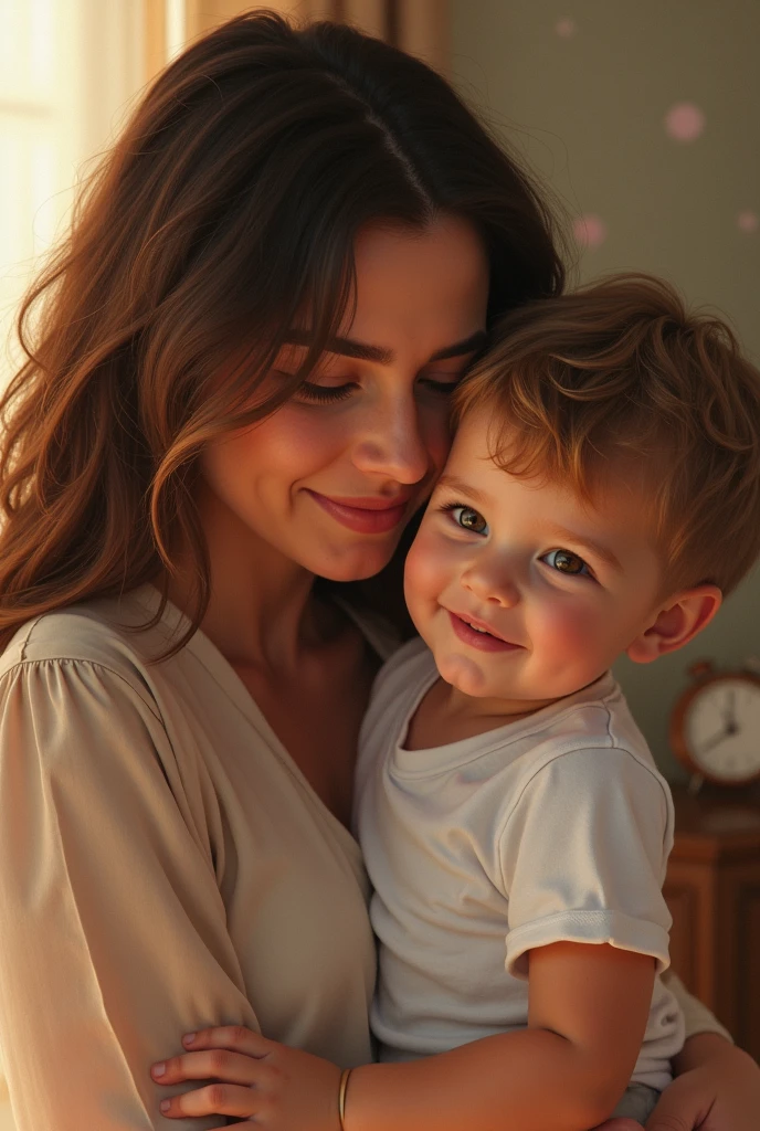 um bonito (4 anos) (Jonatas Lipnicki) is in his mother's arms with Nina Dobrev's face,illustration,medium,loving mother,adorable boy,Cheerful and relaxed atmosphere,cores brilhantes,soft lighting,obras de arte de alta qualidade,Detailed features,best quality,ultra-detalhado,Realistic,retrato,Pintura,classical style,tons de cores quentes,profissional,studio lighting