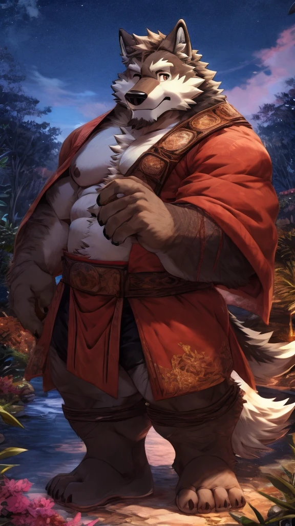 anime style, aid210, nj5furry, ((whole body)), ((monk)), standing, kick, ((plump middle-aged wolf man)), BREAK ((brown eyes)), one eye closed, beautiful beard, beautiful ears, (male face:1.3), (big face:0.5), square jawline, (Male Eyes:1.2), (sharp eyes:0.8), (big eyes:0.5), male eyebrows, (innocent look:0.5), (beautiful black nails down to the last detail:1.2), BREAK (complete Anatomy), (detailed face:1.3), beautiful face, (detailed body), (beautiful hands:1.2), (detailed fingers:1.2), (detailed eyes:1.1), (beautiful Eyes:1.1), arm details, Leg Details, beautiful feet, BREAK Muscular anthlo, body hair, ((hairy skin)), fluffy, (detailed brown nipples:0.8), (blood vessel:-0.8), (glowing Skin:-0.7), (chest hair:0.5), (1 tail), (a beautiful and detailed small tail), BREAK night sky, bamboo forest, outdoor,  ultra detailed, highest quality, ultra-high resolution, realistic, 16K, masterpiece, beautiful detailed, perfect solution, absurdists, (faint light),