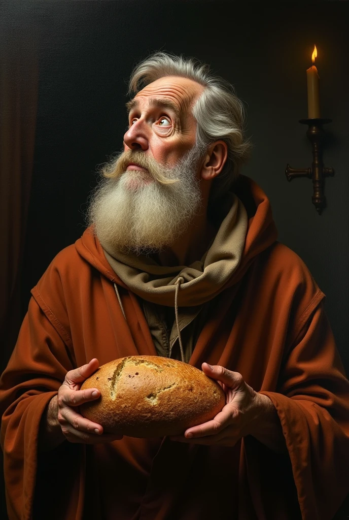masterpiece, Renaissance, Baroque style, high contrast, black dark background, tenebrismo, estilo Caravaggio, warm tones, Old man, with a big beard,looking at the sky, with a loaf of bread in his hands, a lot of detail, old painting, Awesome, ropa antigua estilo pinturade Rembrandt, shocking look, high contrast negros, Caravaggio, Rembrandt, but black contrast, very dark, warm luminosity,outstanding, glaze style, candle bounce light,