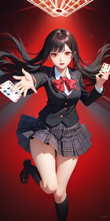 Yumeko Jabami from Kakegurui anime, red eyes, detailed school uniform with red coat, white shirt, gray plaid skirt, black tights and brown shoes, playing cards flying around, photorealistic, highly detailed, 8k, intricate, vibrant colors, dramatic lighting, dynamic composition