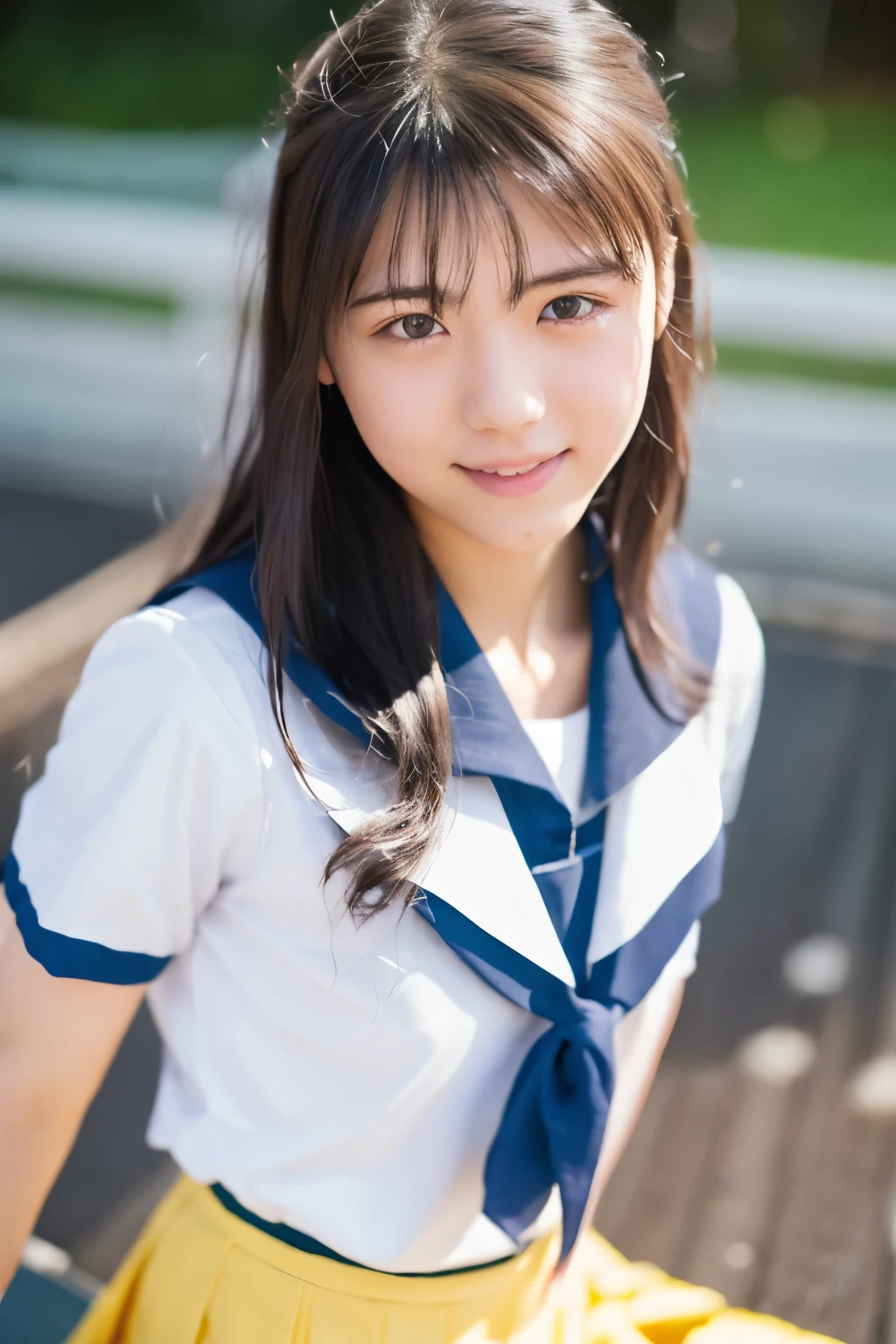 (Raw photo:1.2), (Photorealistic:1.4), Sailor suit, A young Japanese woman, Calm expression, Gently glance over, Long black hair, having a modest smile, detailed face, detailed eyes, Running with her skirt fluttering, Background is a school hallway, 10 second video