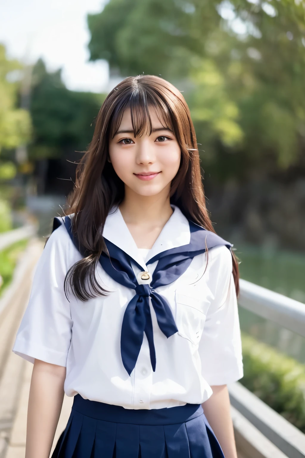 (Raw photo:1.2), (Photorealistic:1.4), Sailor suit, A young Japanese woman, Calm expression, Gently glance over, Long black hair, having a modest smile, detailed face, detailed eyes, Running with her skirt fluttering, Background is a school hallway, 10 second video