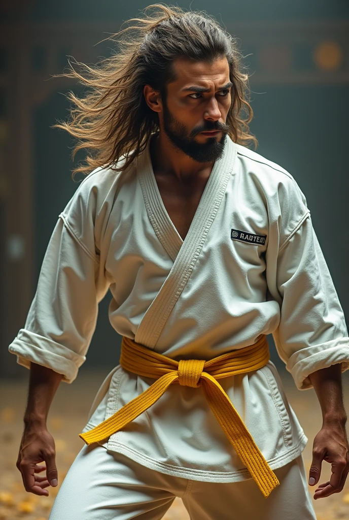 A yellow belt karate fighter with viking hair