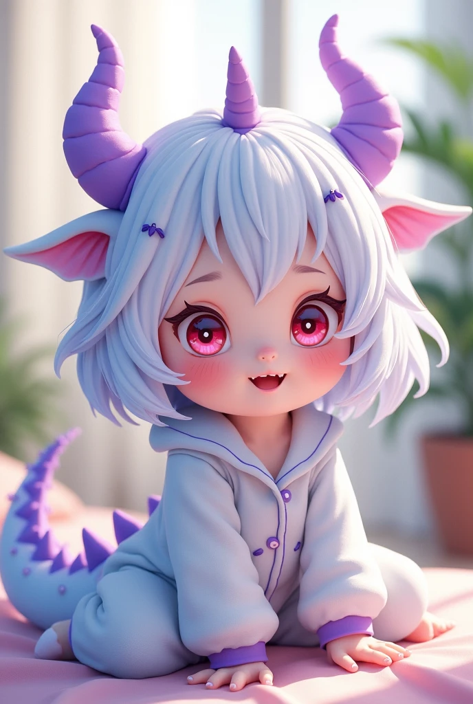 Baby anime, with dinosaur pajamas, white and light blue hair and light purple tips, red eyes, small black horns ,small dragon fangs and tail Small


