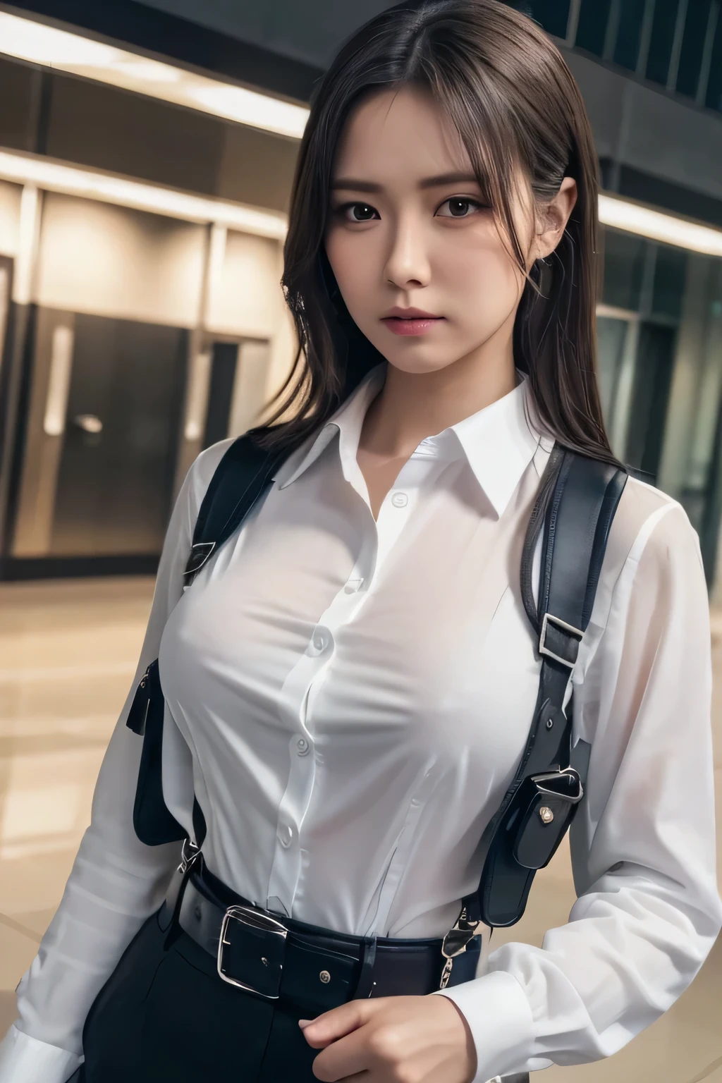 a woman in a suit, belt, hands behind back, sweating, suspenders, black pants, sexly, large breasts, see-through clothing, rain, detective, office worker, white button-up shirt, (best quality,4K,8k,highres,masterpiece:1.2),ultra-detailed,(realistic,photorealistic,photo-realistic:1.37),hyper-detailed,highly detailed face and body, Slender　thin　suspenders　Moderate breasts　See-through shirt　Nipples　holster　chain　Pistol　Armament　criminal　Female criminal　knife