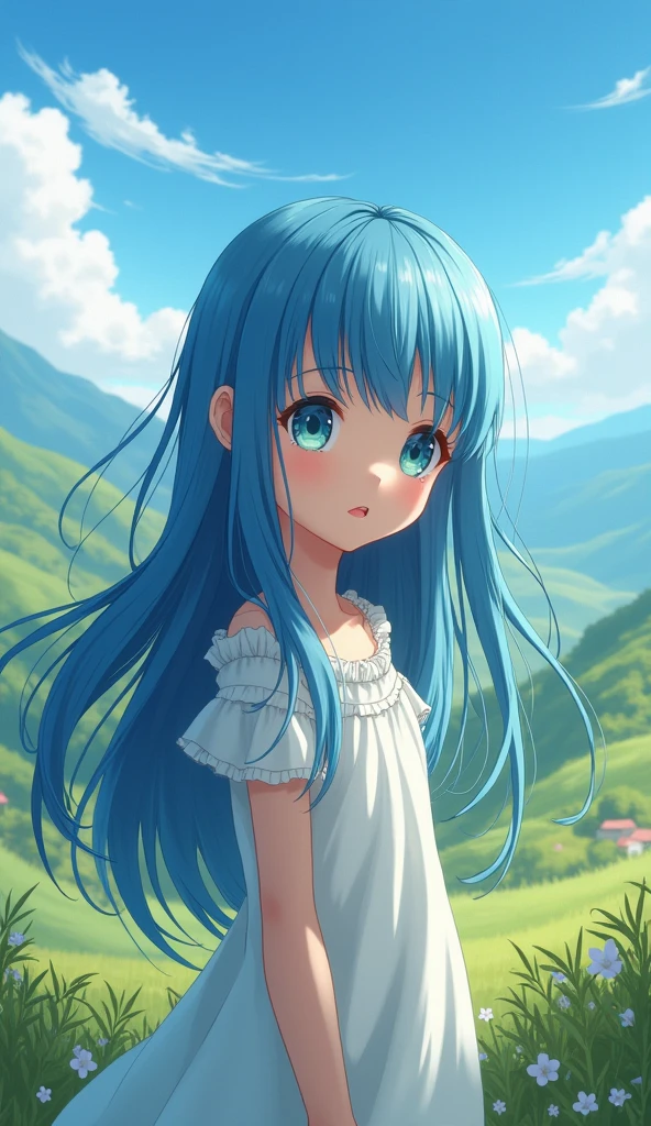 child in greece surrounded by beautiful landscapes, surrounded by long, straight blue hair, and expressive eyes of blue or green tones. His face has delicate features, almost feminine, and his skin is pale. アニメ