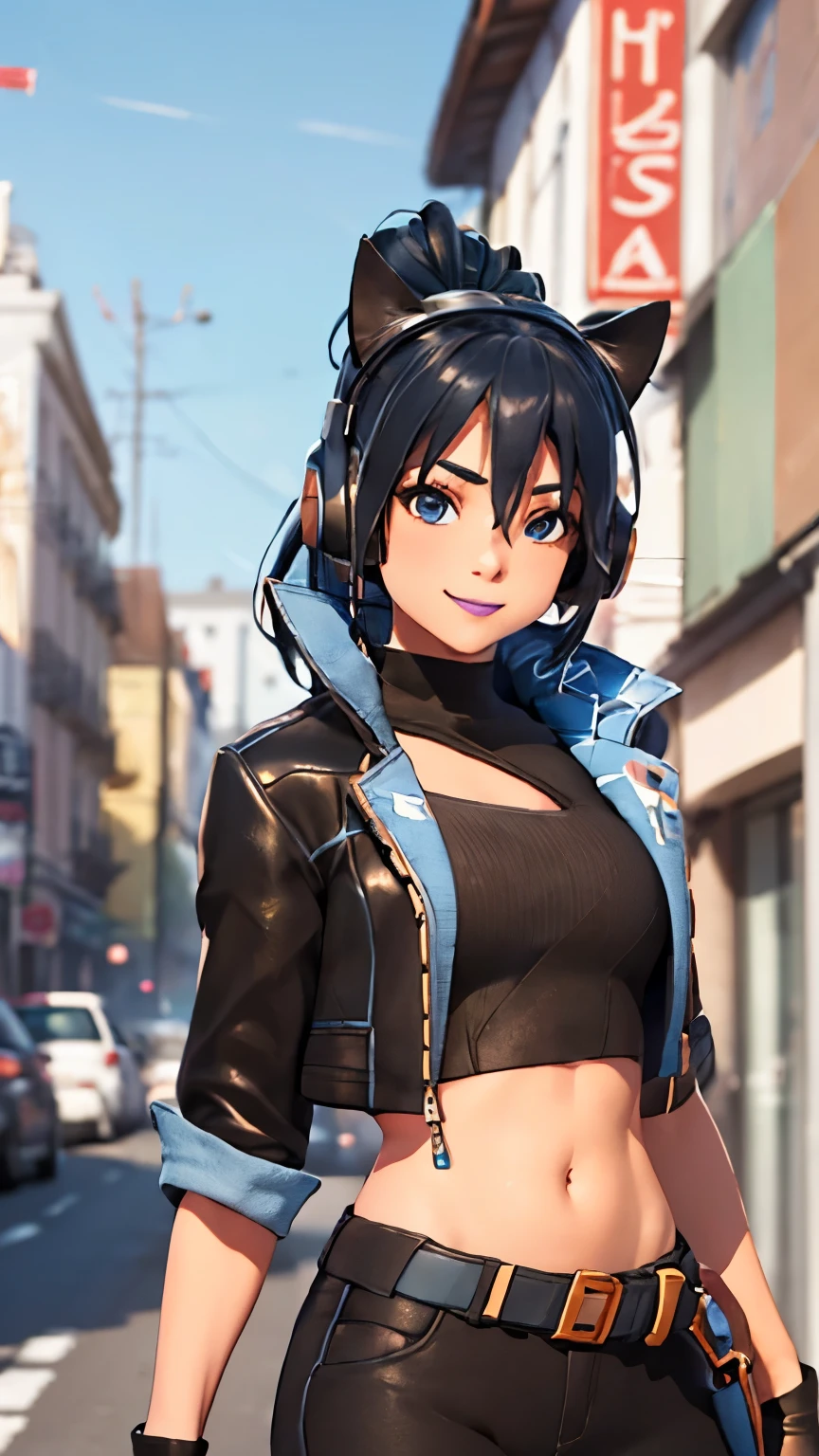 City background, 1girl, solo, HeroicHopeFN, Heroic Hope from fortnite, (crop top, black top, open clothes), (jacket crop top, black jacket, blue loose, jacket loose), fingerless gloves, black pants, blue belt, blue hair, ponytail, blue eyes, headphones, cat ears headphones, holster, holster spray cans, purple lips, lipsticks, smirk, upper body, body facing viewer, looking at viewer,