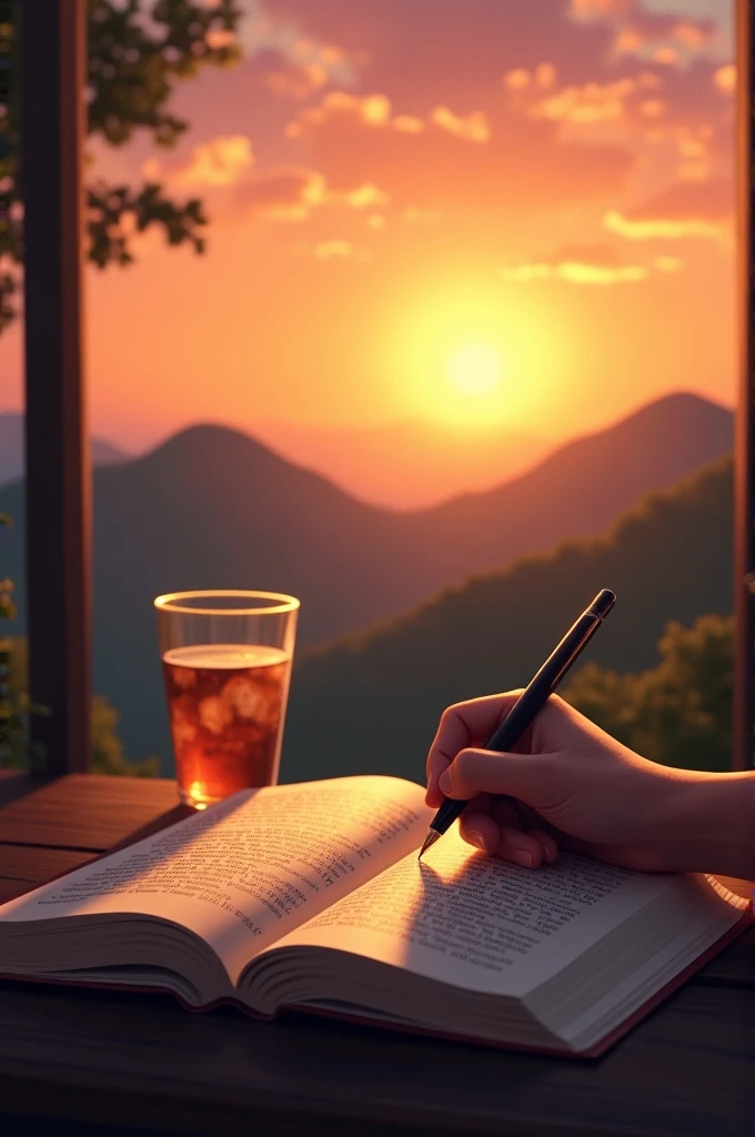 A hand writing in a book and a glass next to it in the background two hills in the sunset without sun