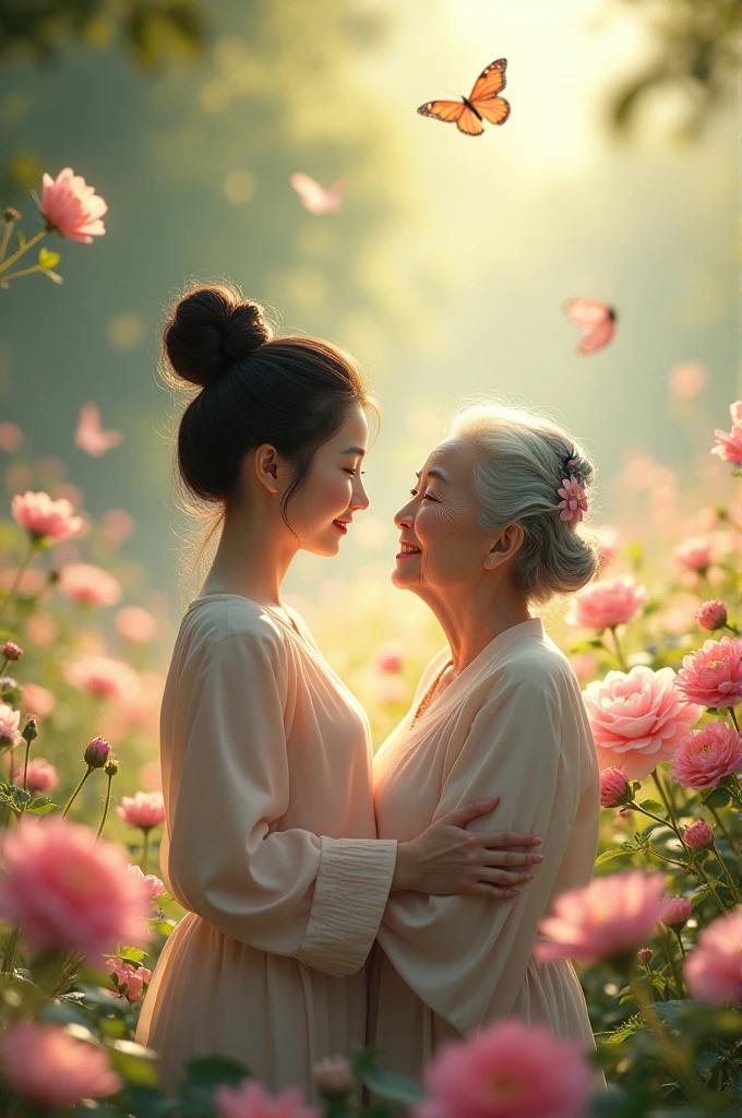 a Korean girl, Beautiful, soft, with his old mother, namun masih terlihat Beautiful. They are in a beautiful flower garden, with butterflies flying. 