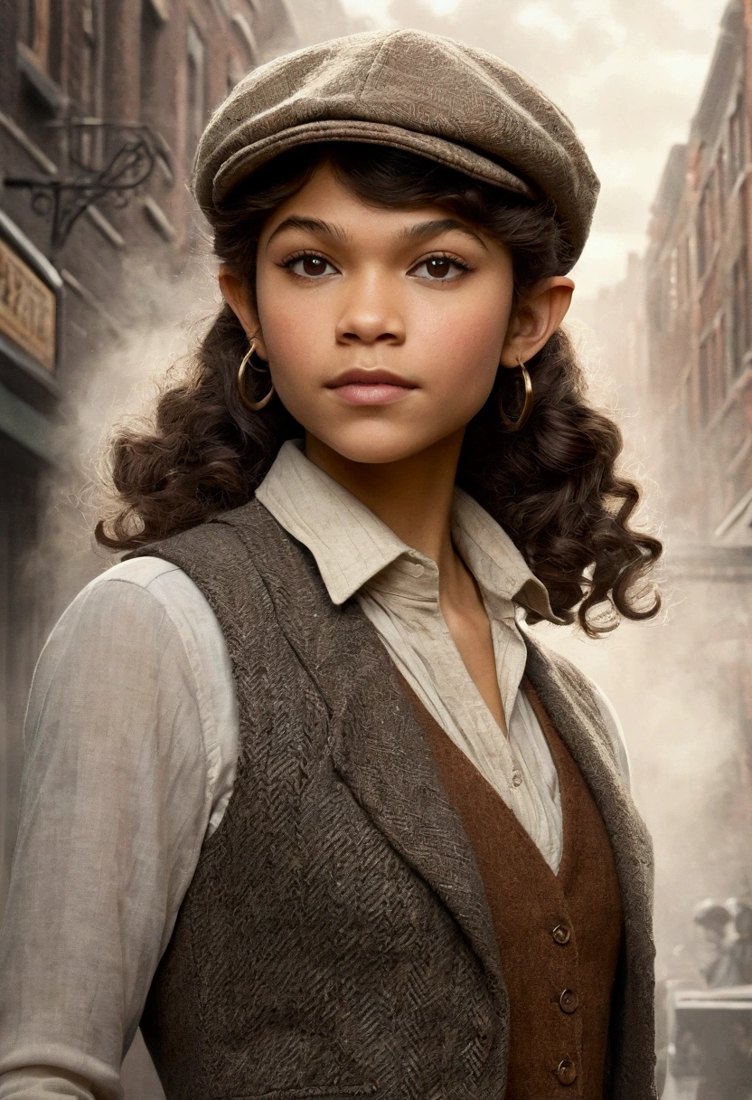 An illustrated movie poster, hand-drawn, full color, a teenage elven girl, wearing a tweed vest and a newsie cap, athletic hourglass figure, long pointy elf ears, dark hair, curly bob cut, warm almond skintone, resembles Zendaya, standing on a foggy victorian-era street corner, graphite shading, stencil marks, airbrushed acrylic paint, masterpiece, in the style of the Sherlock Holmes, elf ears