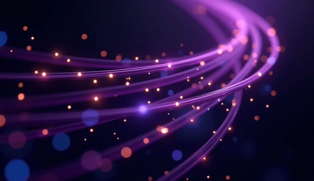Creates an image that resembles a connection between fiber optic internet cables and has purple colors, black background and be very modern. I want very little gold and blue. Make it like a fiber optic path in the middle of outer space, something that looks really interesting on the hero of a web developer's website. Make everything elegant, with a discreet style . I want more than one thread, with an artistic arrangement of threads. don't make them look like a snake, make it look like cutting-edge technology wires