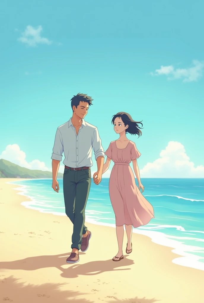 Drawing of a father with his adult daughter walking on the beach in anime style
