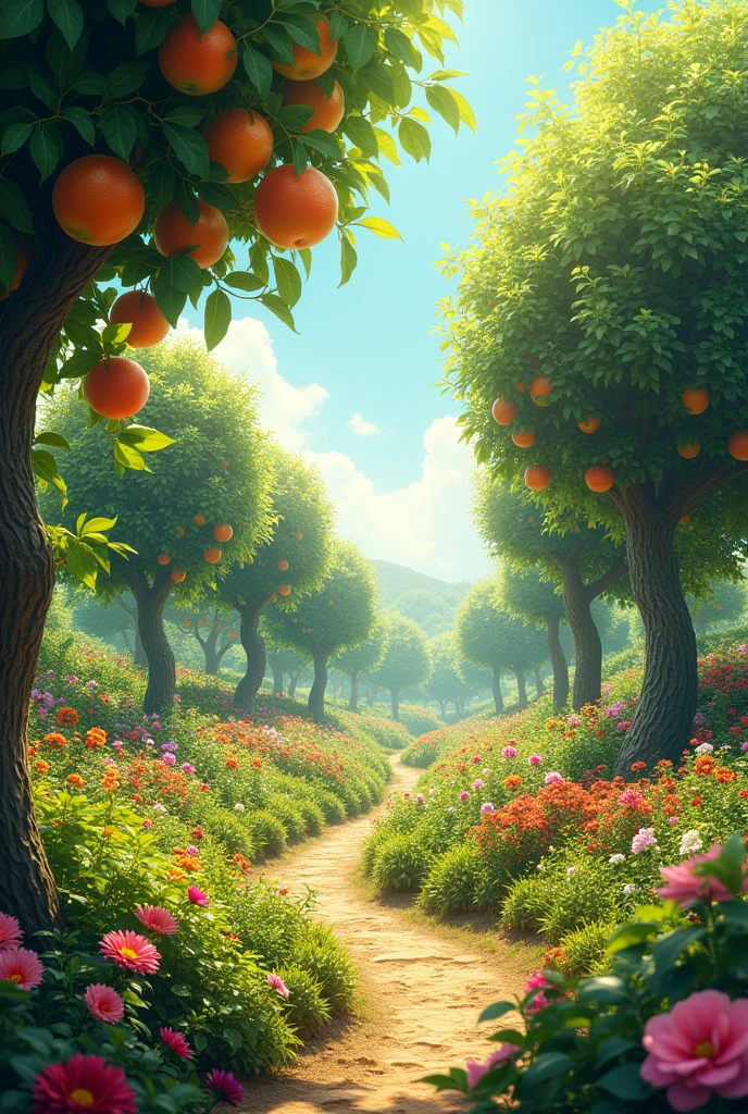 Lush garden with fruit trees and bright flowers, Always set by a bright sun where abundance and joy seem infinite