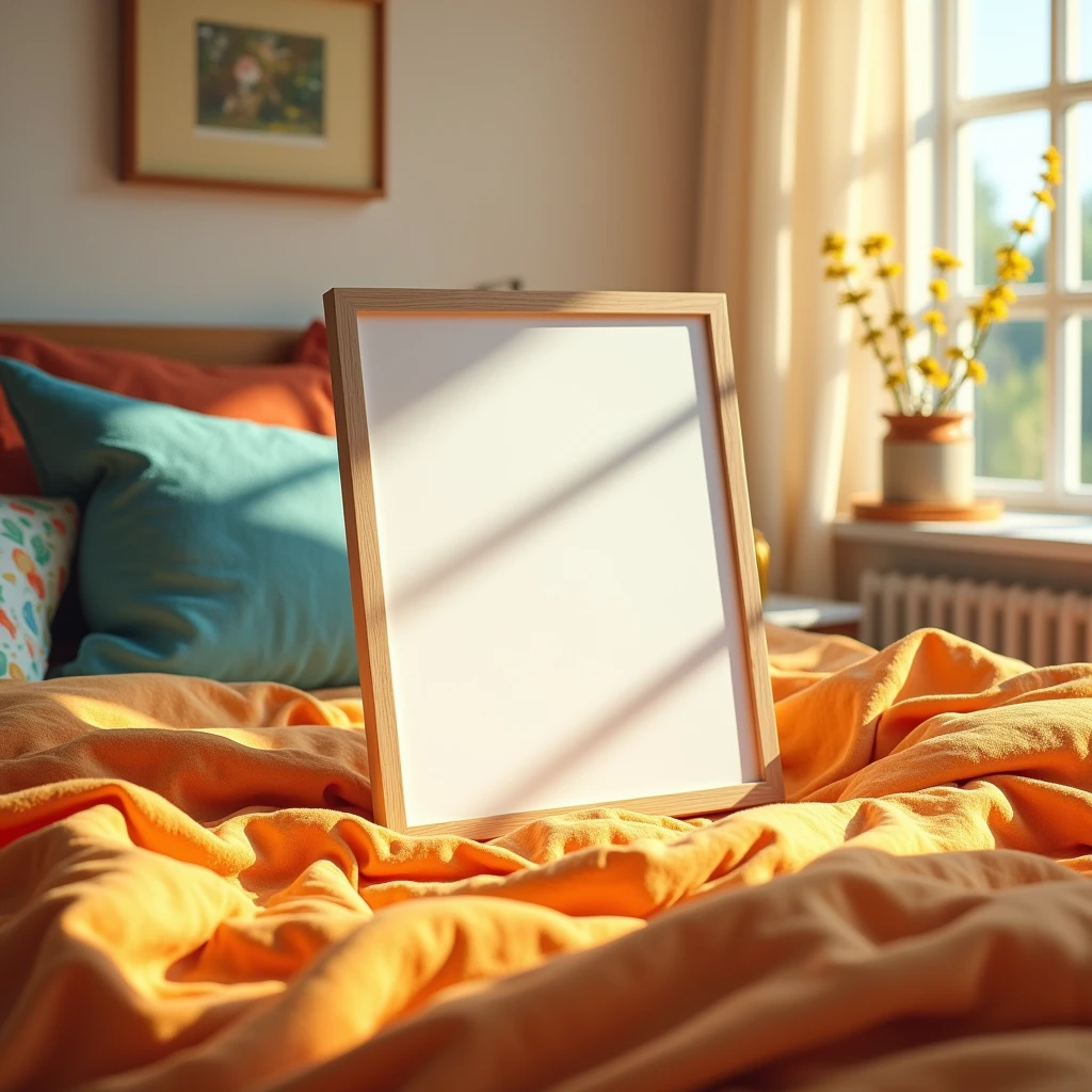 A hyper-realistic HDR bedroom scene with a serene yet vibrant atmosphere. The focus is on a vertical A4 frame with a blank white canvas, placed on a nightstand beside a cozy, well-lit bed. The bed is dressed in bright, colorful linens that complement the cheerful tones of the room. Morning light pours through the windows, filling the space with warmth and casting gentle shadows on the blank canvas. The overall feeling is one of comfort and creativity, inviting personal touches in this bright and peaceful bedroom.