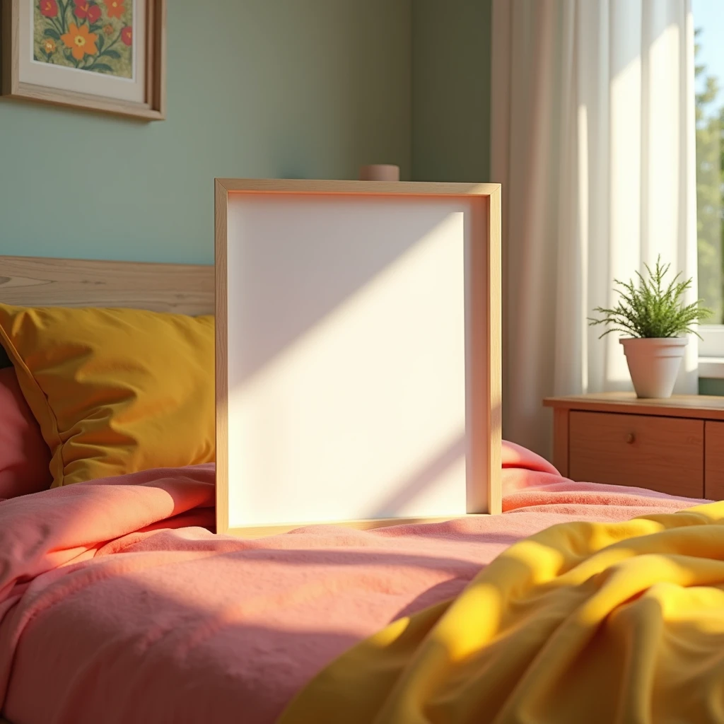 A hyper-realistic HDR bedroom scene with a serene yet vibrant atmosphere. The focus is on a vertical A4 frame with a blank white canvas, placed on a nightstand beside a cozy, well-lit bed. The bed is dressed in bright, colorful linens that complement the cheerful tones of the room. Morning light pours through the windows, filling the space with warmth and casting gentle shadows on the blank canvas. The overall feeling is one of comfort and creativity, inviting personal touches in this bright and peaceful bedroom.