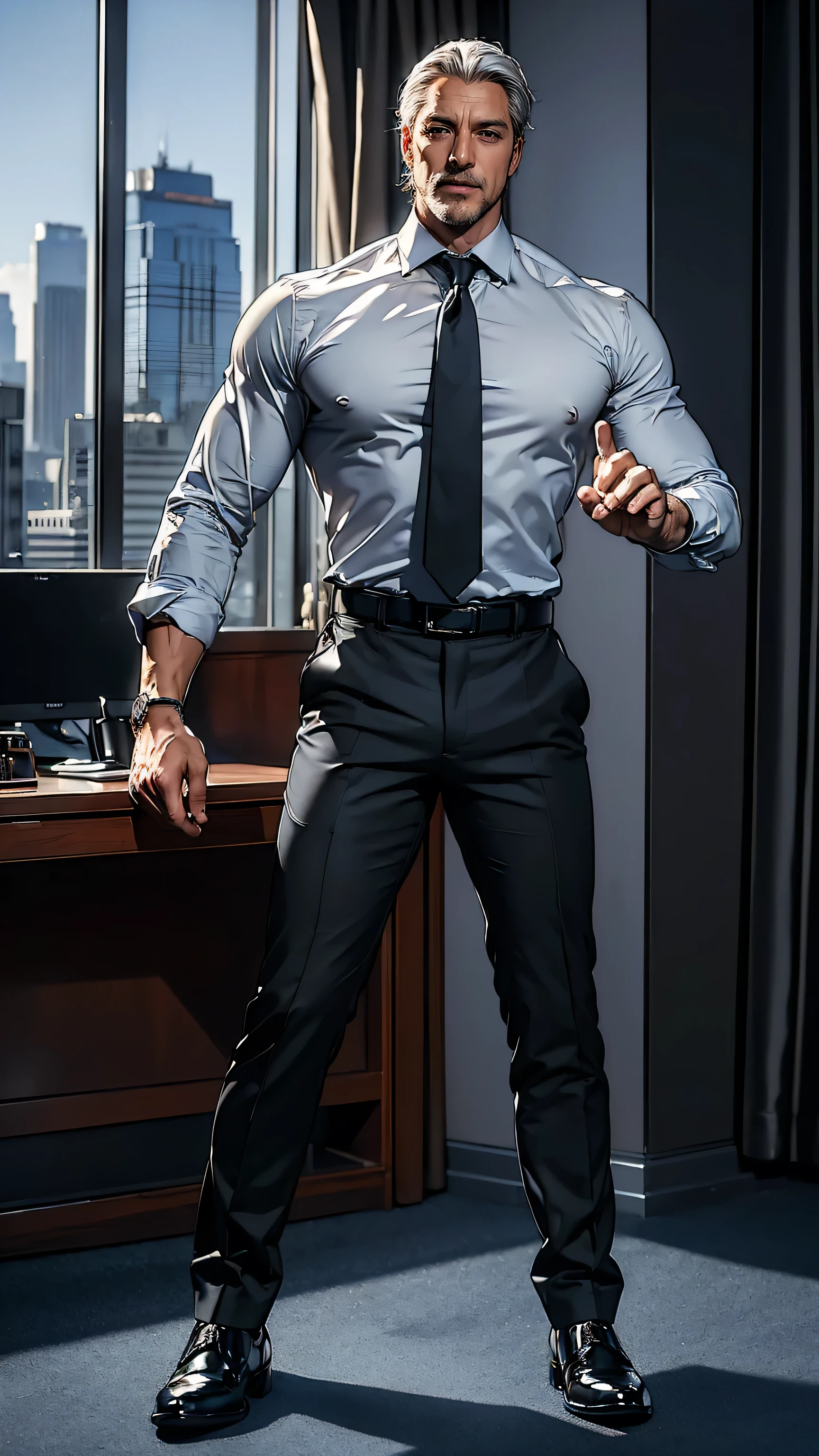 (ultra detali, photorrealistic, best qualityer, 4K, 8k, high resolution, work of art:1.3), a mature man, charming and distinguished, remaining confident in a luxurious office environment, He has thick, well-groomed silver hair., blue piercing eyes, (muscle building body), wearing a tailored white shirt, with the top button casually undone, dark navy blazer, perfectly fitted charcoal pants, polished black oxfords, Accessories include a luxury wristwatch, discreet cufflinks, and a simple leather belt, yet elegant, He exudes authority and charisma, with a slight smile that suggests his charm and confidence, The office is modern and sophisticated, with floor-to-ceiling windows offering panoramic views of the city skyline, The scene is captured in intricate-detail, showing his balanced posture and imposing presence, (intricate-detail, Hands super detailed, ultra-detailed fingers, full length showcase, show full body),