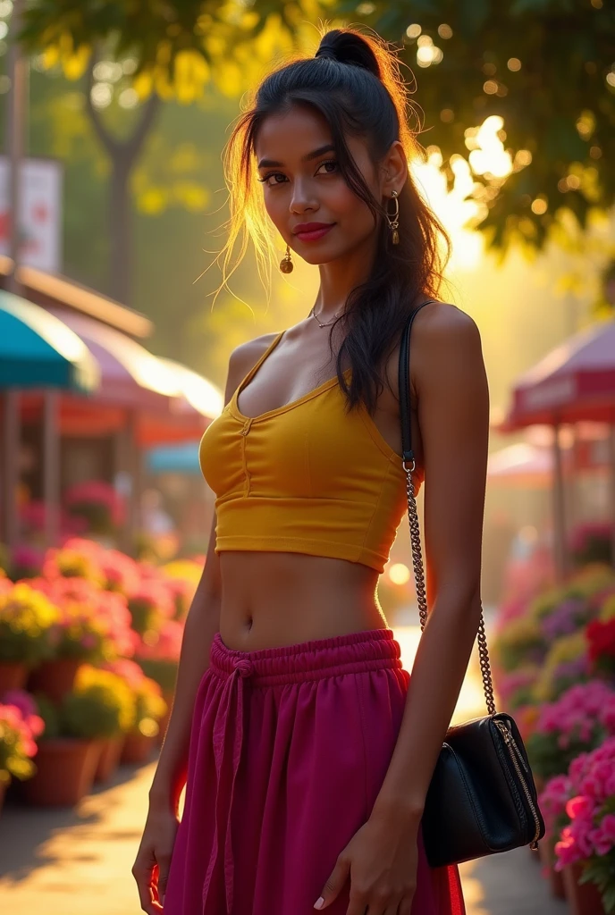 28 YO Tamil young woman, standing under a tree near a flower market, vibrant colored flowers in the background, beautiful detailed face, eyes symmetry, face symmetry, glowing eyes, slight smirk:0.6, (tight yellow tops), (dark pink skirt), (black high heels), pony tail, shoulder bag, (bare midriff, round deep navel), evening sky, evening crimson red sunrays scattered around the place, HDR, hyper realistic