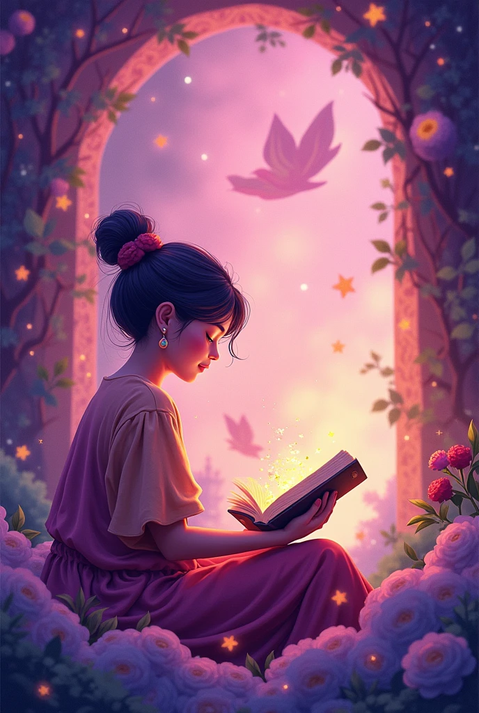 Create a vibrant and enchanting illustration for a storytelling website, featuring a person reading a book. Use a color palette of pink and purple tones. The scene should include whimsical elements like magical books, floating pages, and sparkling stars. The background should blend shades of pink and purple to create a dreamy atmosphere, with subtle gradients and soft lighting. Add details such as a person immersed in reading, surrounded by fantasy motifs like fairy-tale castles or enchanted forests to evoke a sense of wonder and creativity."